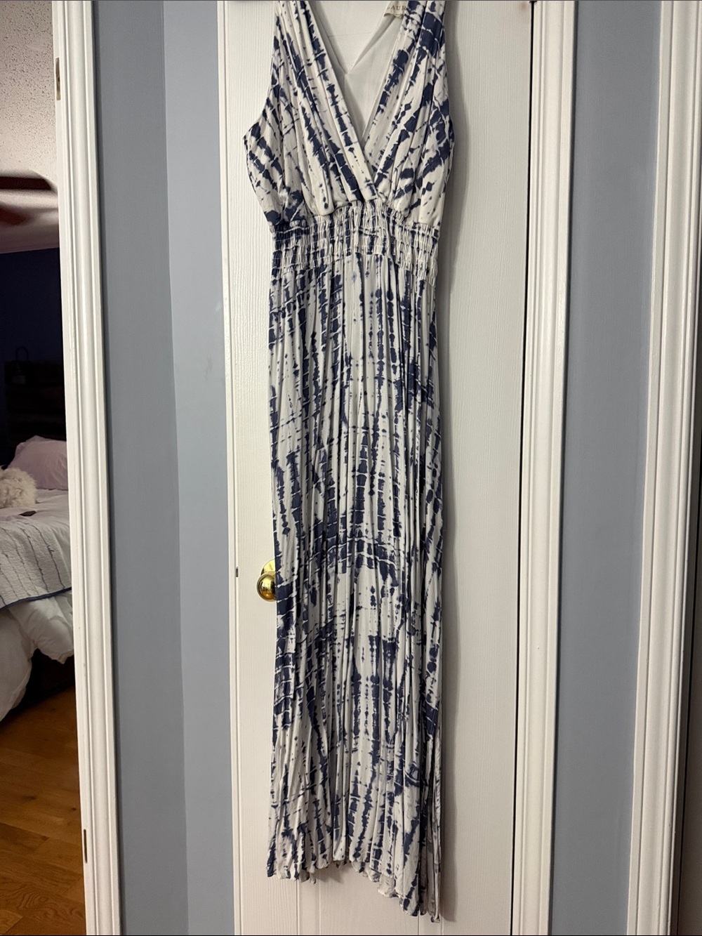 Sleeveless White Maxi Dress with Navy Tie-Dye V-Neck